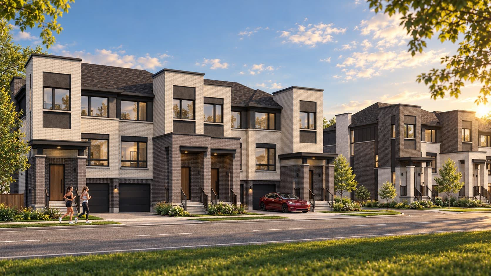 Everpine three-storey brick townhomes on a tree-lined street at golden hour — developer's artist's concept