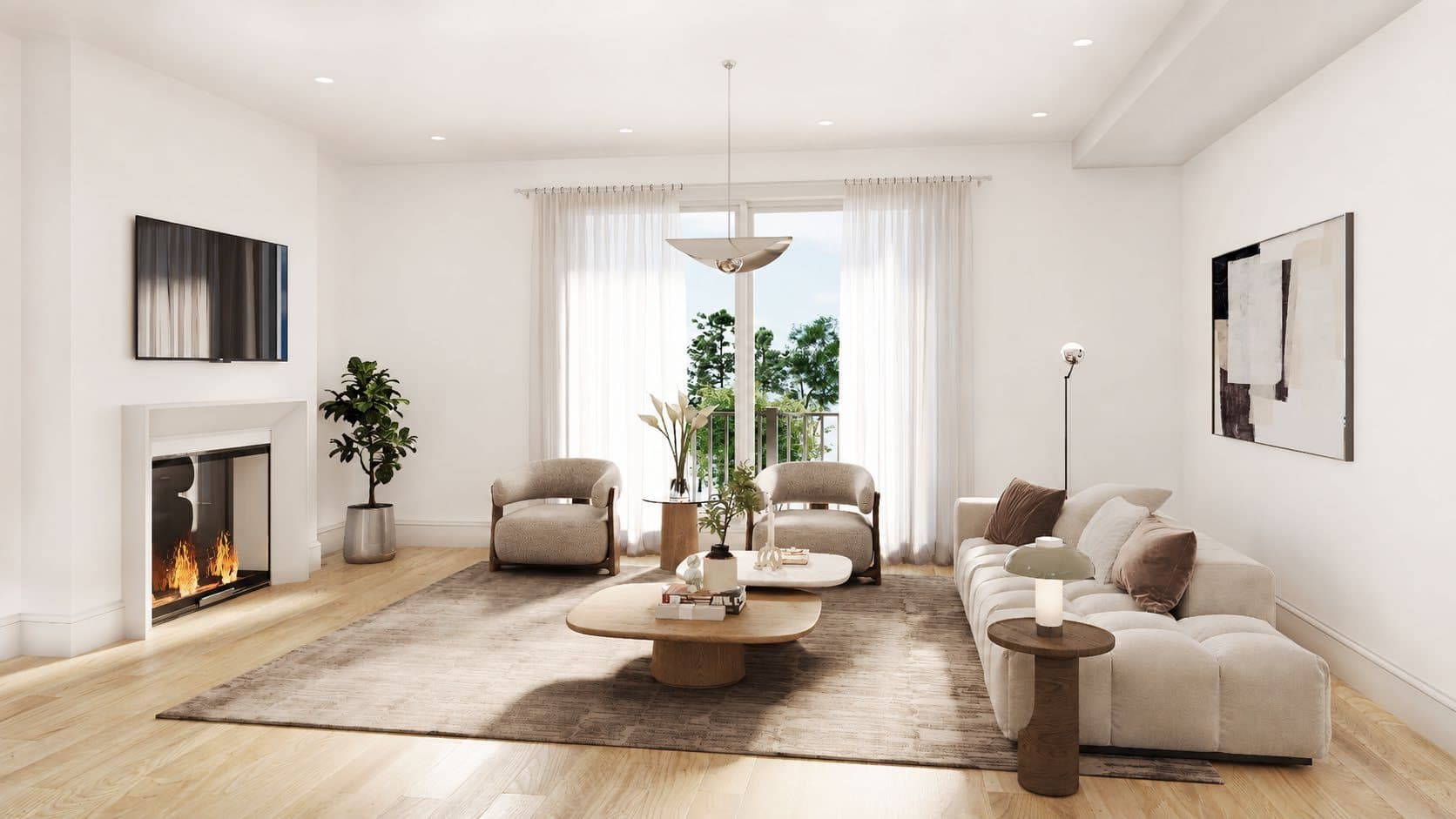 Great room with fireplace and oversized sliding door — developer's artist's concept
